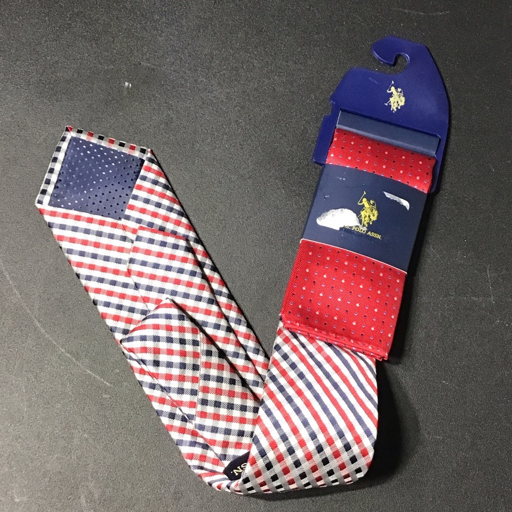 Polo by Ralph Lauren Red and Navy Patterned Tie With Pocket Square
